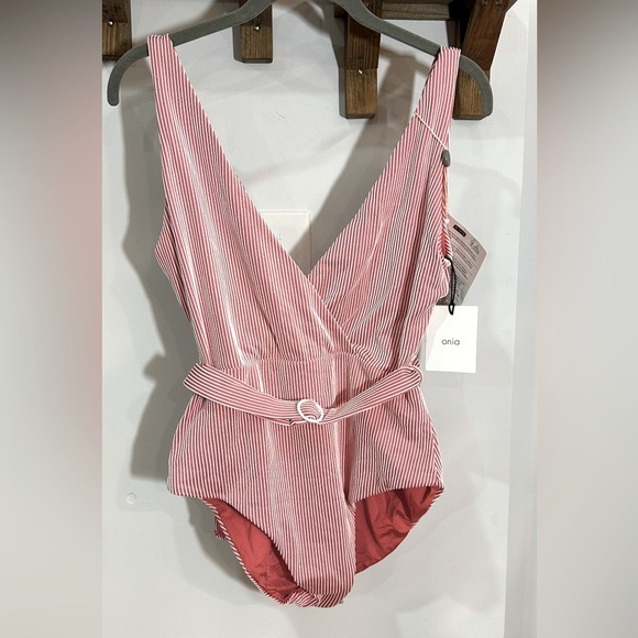 NWT Onia Michelle One Piece Swimsuit Striped Rib Spiced Coral White Red Large - Picture 4 of 12